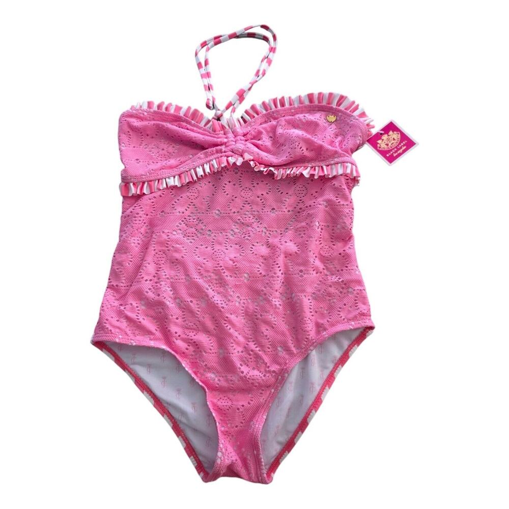 Juicy Couture Black Label Pink White Striped Crochet One Pc Swimsuit Girl SZ 12